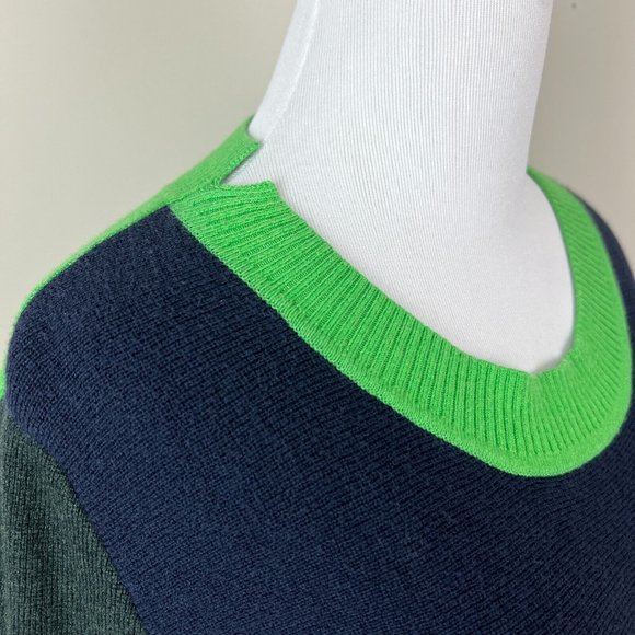 Tome Sweater Women Large Navy Green Colorblock Merino Wool Cotton Slit Peplum - Picture 5 of 15